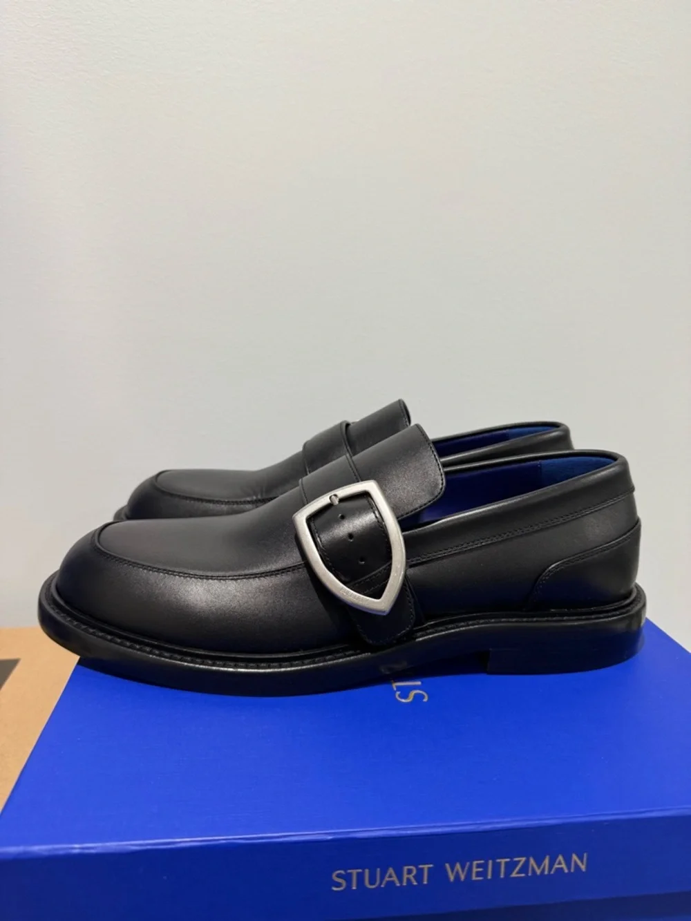 Burberry Black Leather Buckle Monk Strap Loafers with Blue Insole